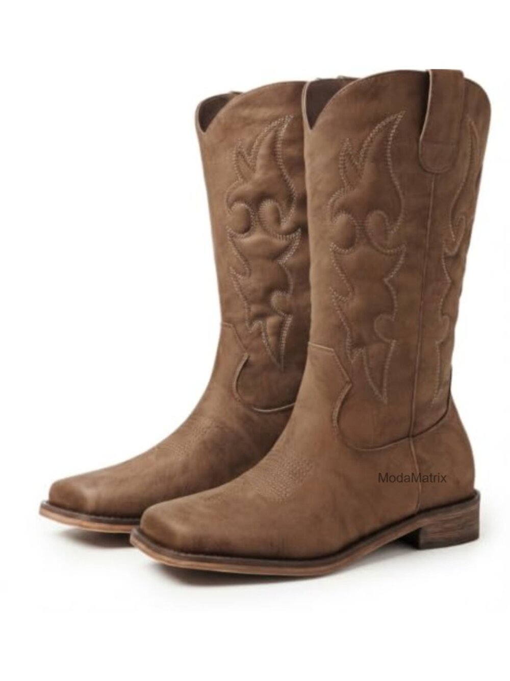 Square Toe Mid Calf Cowboy Boots Western Pull-On Chunky Heel